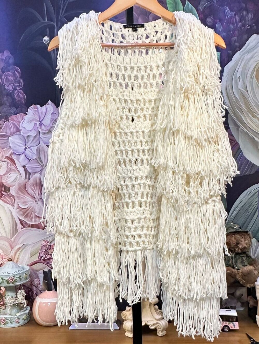 Cream Vest M Boho Hippie Shaggy Fringe Open Front Crochet Longline